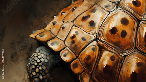 Close-up of tortoise shell with numerous brown spots. Carapace. Illustration photo