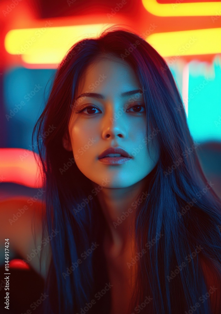 Beautiful Girl with Long Hair in Neon Blue and Red Studio Lighting for Fashion Photography Beautiful Girl with Long Hair in Neon Blue and Red Studio Lighting for Fashion Photography