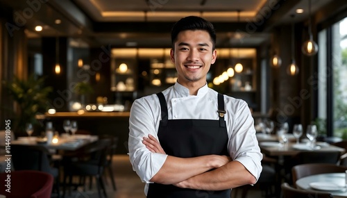 Man working in a high end gourmet five star restaurant with apron chef host server waiter in front of tables and chairs with string lights