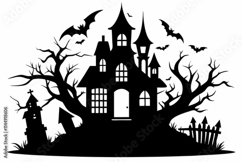 haunted halloween house line art silhouette vector illustration photo