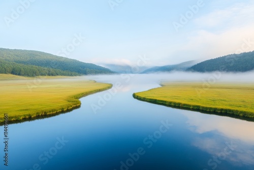 Serene Misty River Landscape with Pastel Reflections and Rolling Hills