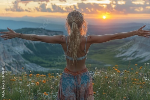 A young woman standing on a mountaintop with her arms stretched wide, looking at the sunrise, symbolizing new beginnings and a hopeful future. Generative AI