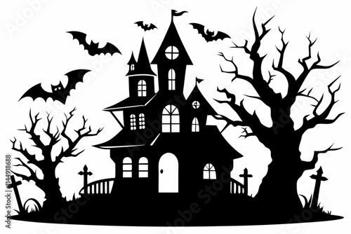 haunted halloween house line art silhouette vector illustration