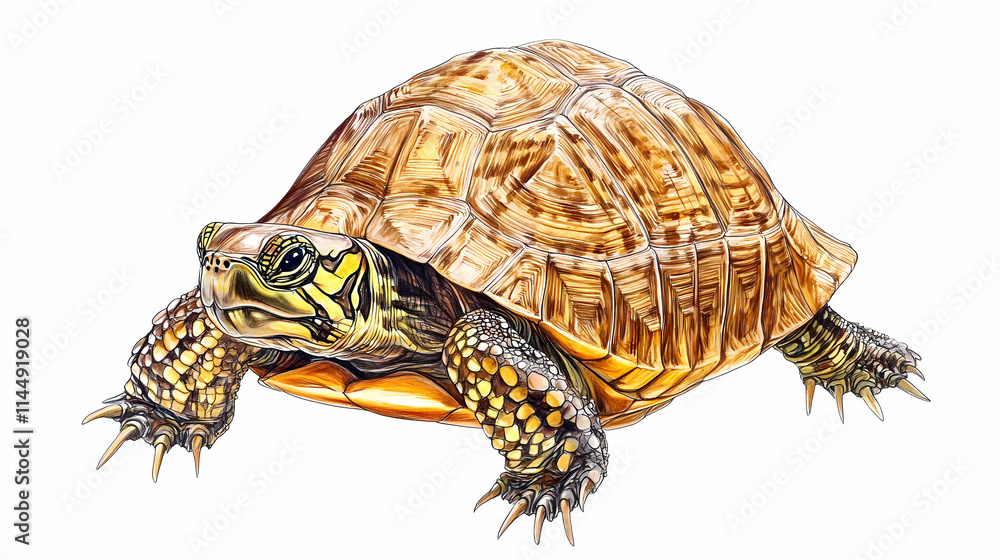 Fototapeta premium Detailed drawing of a box turtle showcasing its unique hinged shell and patterned carapace. Carapace. Illustration