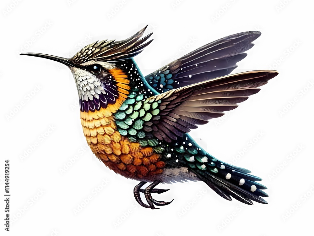 Obraz premium Colorful hummingbird with intricate feather details in mid-flight against a white background.