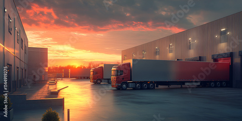 Trucks lined up in front of factory warehouse at sunset
