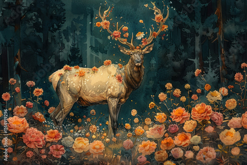 a watercolor sketch of an elk with antlers covered in flowers, standing in a forest ,.   photo