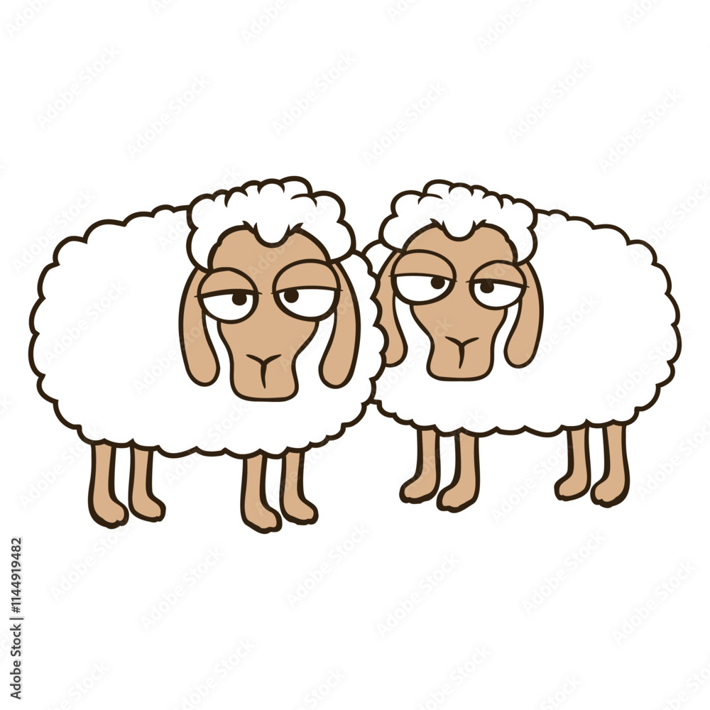 Obraz premium 2 Sheep Tired Bored Look Team Sweet Crew Friends Design Lover Art Vector Illustration Card T-Shirt Poster Sticker Graphic Print Decorative Drawing Isolated Logo Decoration Symbol Creative Cool Style 
