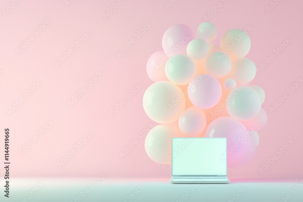 Abstract Digital Learning Floating Luminous Shapes with Laptop in Pastel Gradient Abstract Digital Learning Floating Luminous Shapes with Laptop in Pastel Gradient