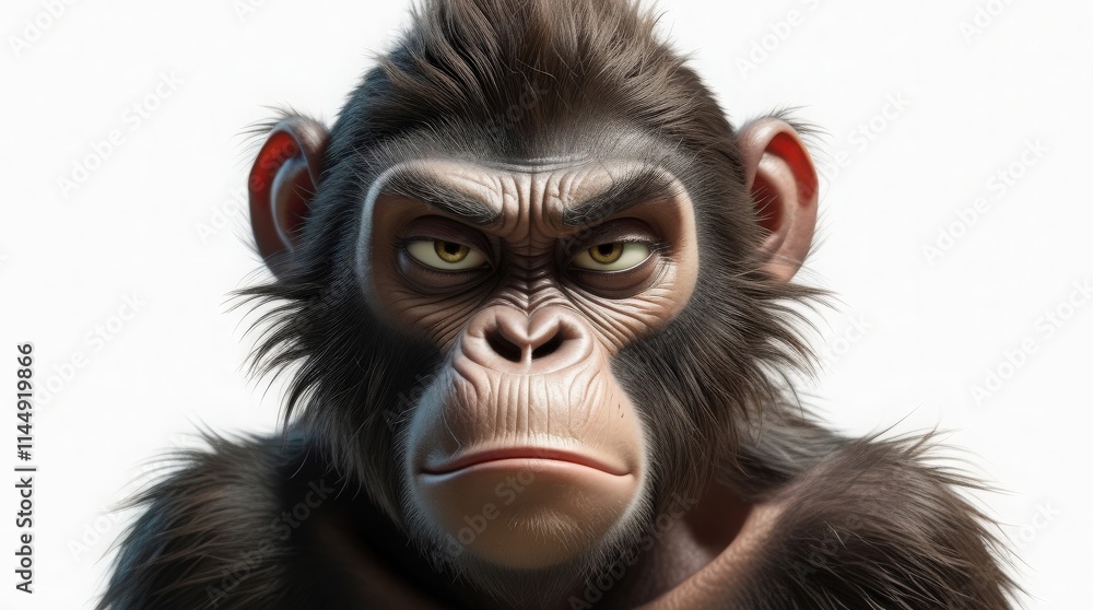 A charismatic gorilla character gazes with intensity, showcasing intricate fur textures and striking facial expressions. The soft lighting highlights features, creating a captivating persona A charismatic gorilla character gazes with intensity, showcasing intricate fur textures and striking facial expressions. The soft lighting highlights features, creating a captivating persona