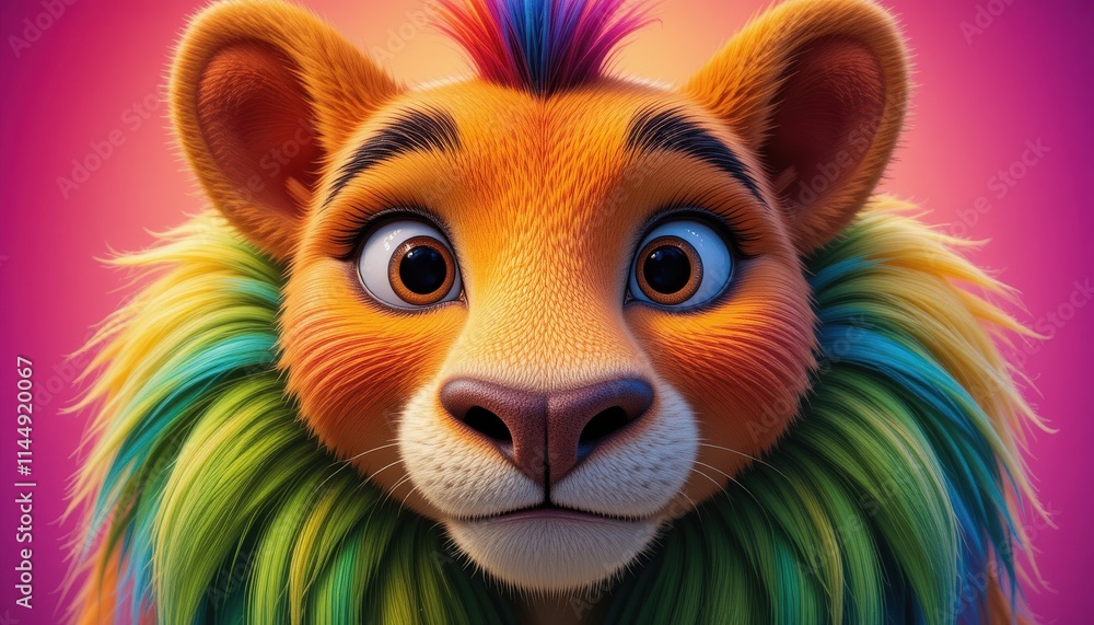 Obraz premium A charming lion cub showcases a majestic rainbow-colored mane while looking curiously at the viewer. The captivating background radiates warm hues, enhancing the playful atmosphere