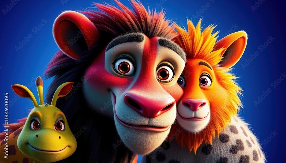 Fototapeta premium Three lively animated characters, including a lion and a beautiful spotted companion, share a joyful moment in a bright, cheerful backdrop, showcasing their playful camaraderie