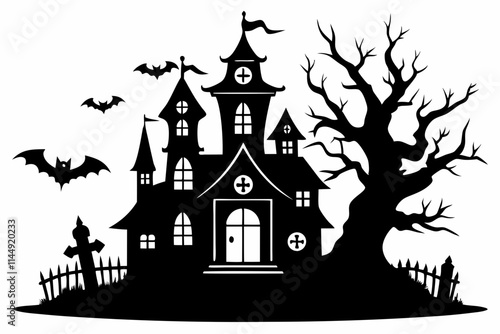 haunted halloween house line art silhouette vector illustration