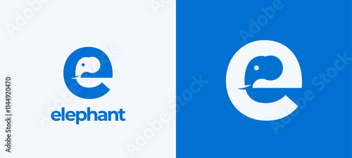 Elephant Abstract Vector Logo Template, Sign Icon. Elephant Head with Trunk Incorporated in the Letter E. Negative Space Creative Monogram Concept with Modern Typography. Isolated