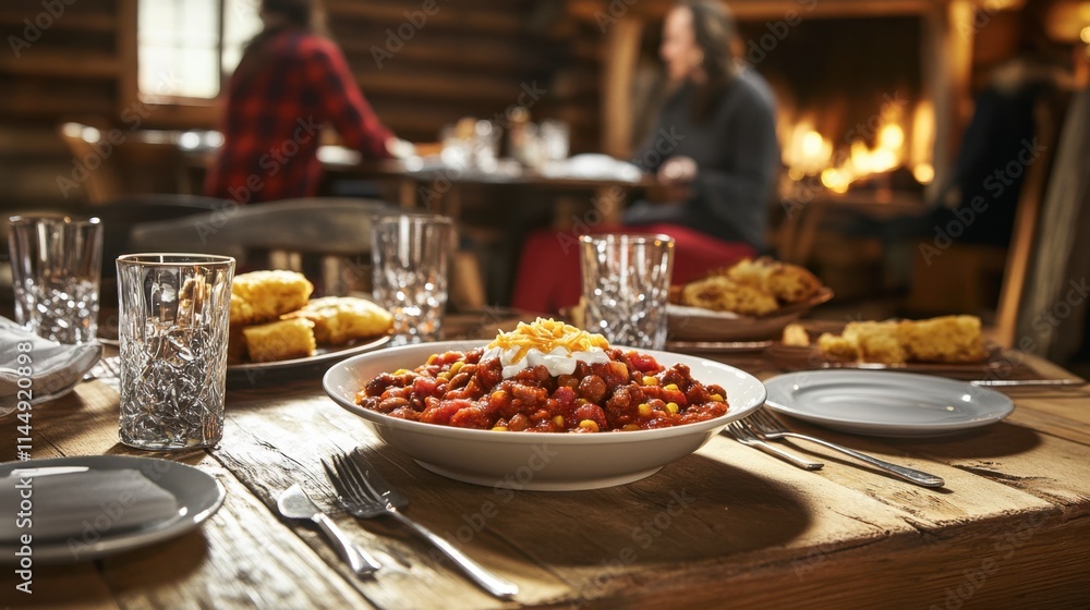 Cozy Dinner Setting with Chili and Cornbread by a Warm Fireplace Cozy Dinner Setting with Chili and Cornbread by a Warm Fireplace