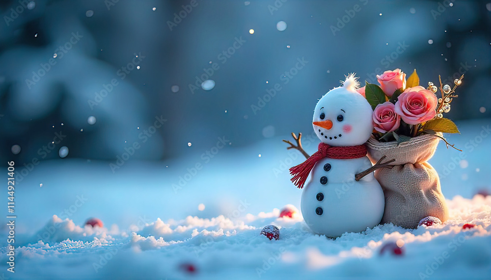 Obraz premium cute snowman holding christmas tree, free space for copy in center, hd phone wallpaper,