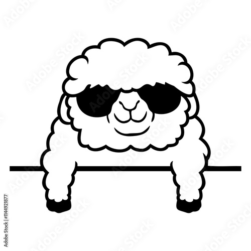 Happy Sheep Behind Fence Wall Cool Cute Sunglasses Design Lover Art Vector Illustration Card T-Shirt Poster Sticker Graphic Print Decorative Drawing Isolated Logo Decoration Symbol Creative Cool Style