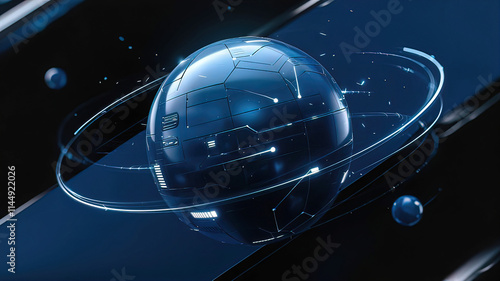 dark blue technosphere on black and blue background. Fascinating interplay of light and shape