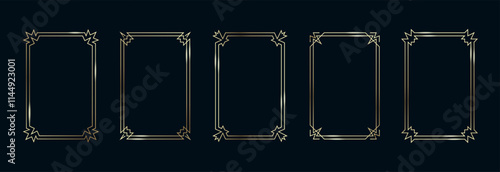 Golden Frames Set. Thin Line Gold Borders Luxury Minimalist Collection. Premium Vector Brass Outline Geometric Rectangles. Linear Decorative Banners with Black Background Isolated