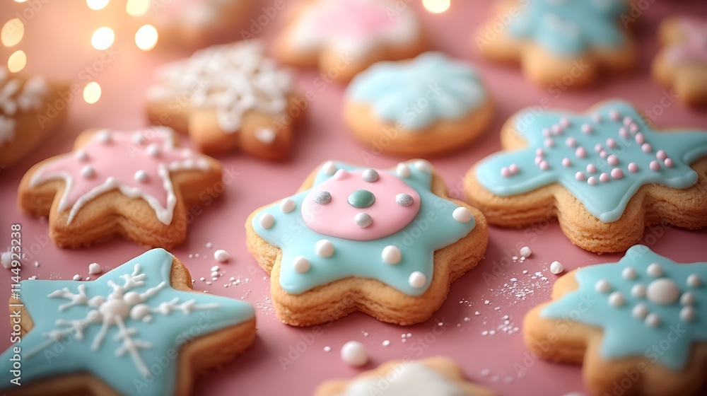 A festive display of homemade cookies decorated with sugar and icing in various holiday shapes on a red background A festive display of homemade cookies decorated with sugar and icing in various holiday shapes on a red background