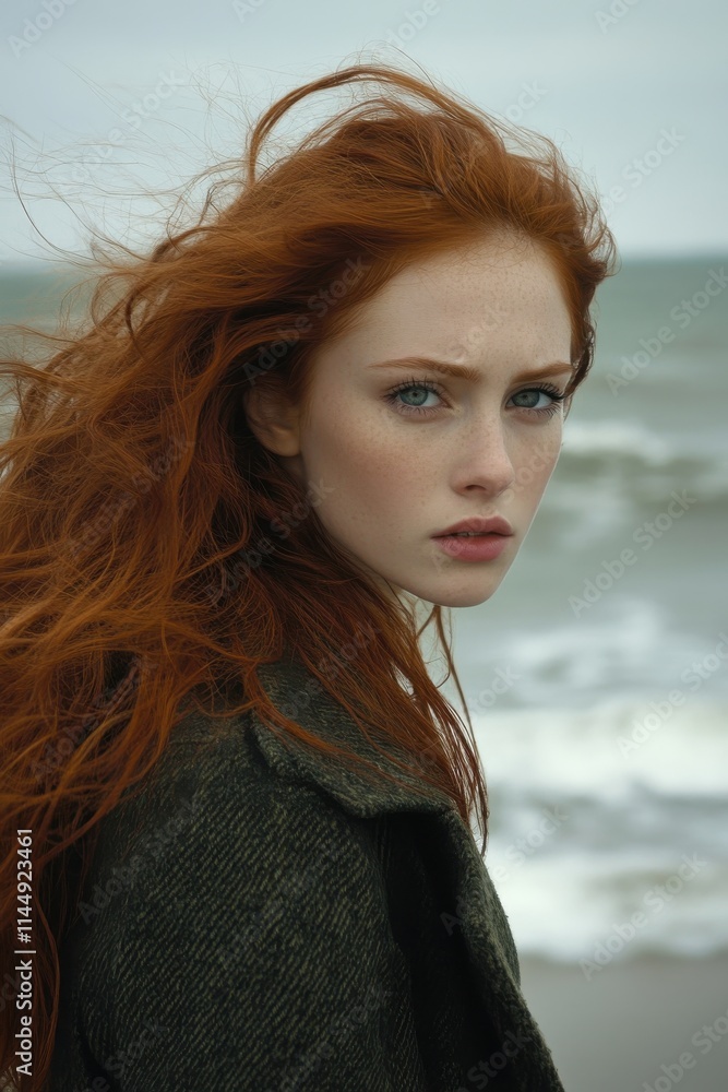 Beautiful Red-Haired Girl with Freckles in Wool Coat by the Seashore Beautiful Red-Haired Girl with Freckles in Wool Coat by the Seashore