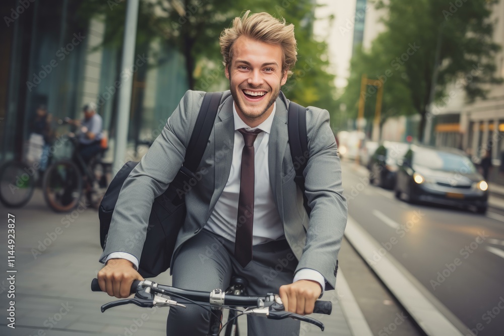 Young businessman commuting to work by bicycle in city traffic is smiling Young businessman commuting to work by bicycle in city traffic is smiling