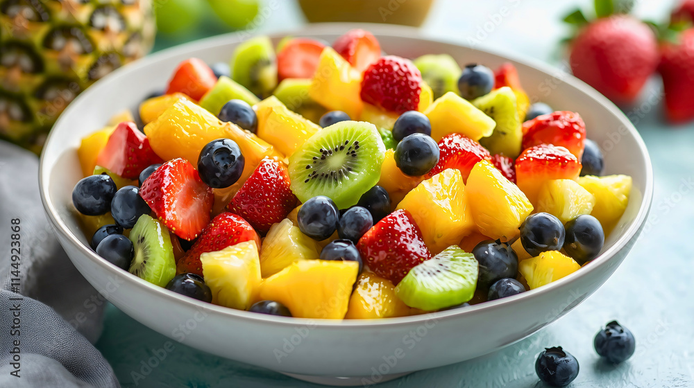 A beautiful and delicious fruit salad in a large bowl with a variety of fruits, packed with vitamins, minerals, and natural fruit sugars. An ideal salad for people who are into fitness or on a diet. A beautiful and delicious fruit salad in a large bowl with a variety of fruits, packed with vitamins, minerals, and natural fruit sugars. An ideal salad for people who are into fitness or on a diet.