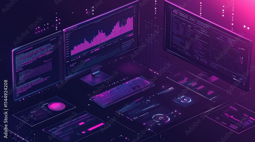 AI Computer vision with neon purple data displays and graphs AI Computer vision with neon purple data displays and graphs