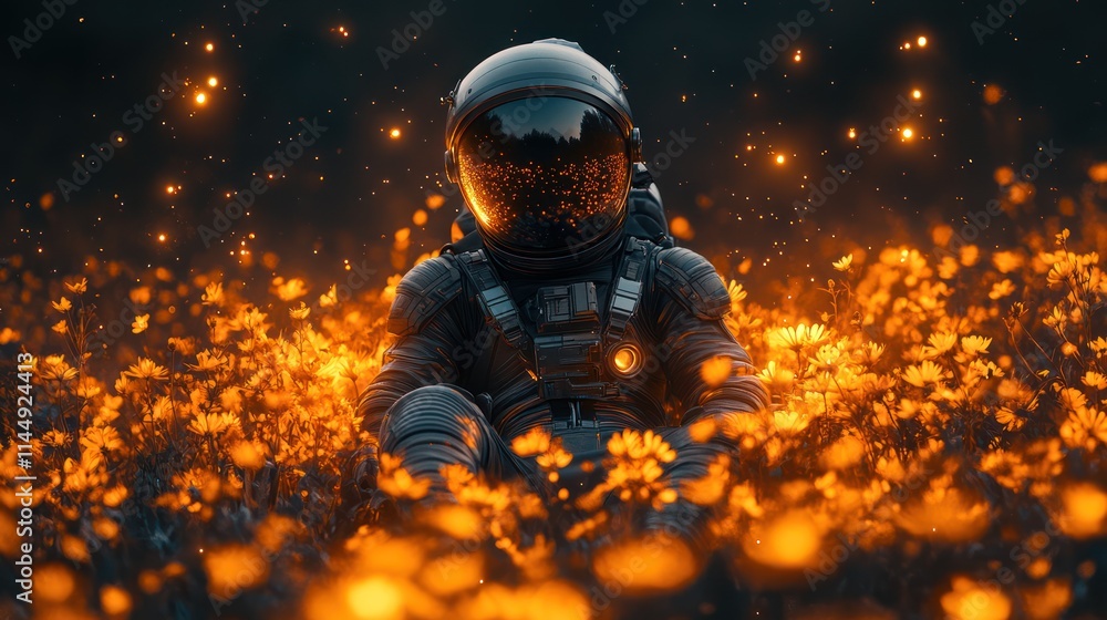 Astronaut sits peacefully amidst glowing orange flowers under a starry night sky. Astronaut sits peacefully amidst glowing orange flowers under a starry night sky.