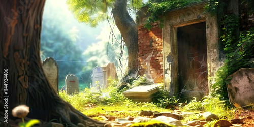 Overgrown Mausoleum and Gravestones in a Sunlit Graveyard