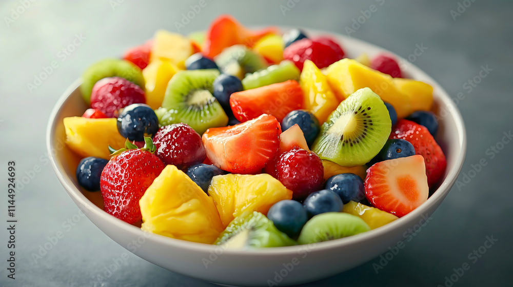 A healthy version of fruit salad with a variety of different fruits in a large white bowl. A fruit salad with diverse fruits, very healthy and delicious. A healthy version of fruit salad with a variety of different fruits in a large white bowl. A fruit salad with diverse fruits, very healthy and delicious.