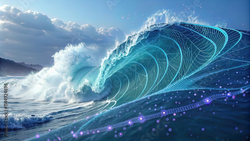 blue fractal line movement, light technology background, copy space. 3d image,