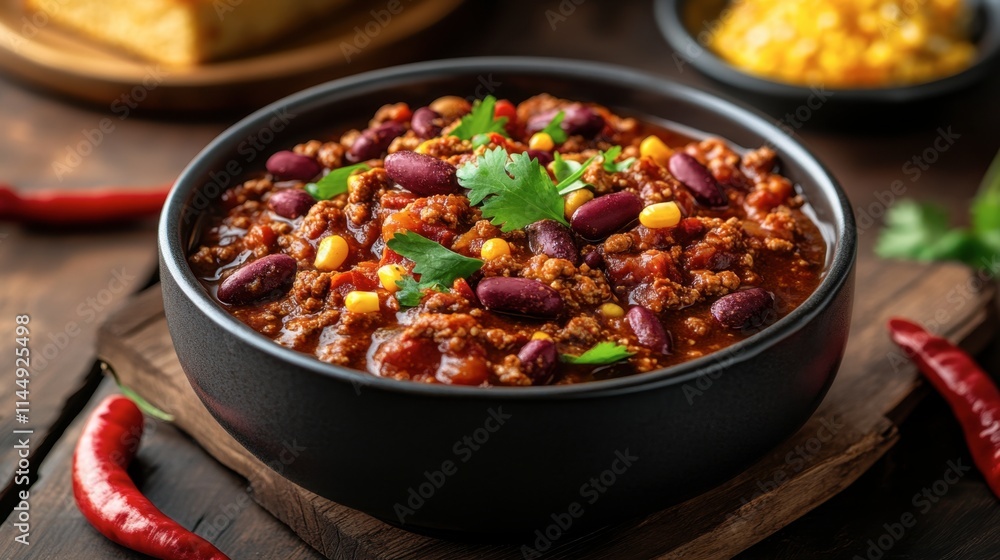 Delicious chili stew with beans, corn, and spices in a black bowl Delicious chili stew with beans, corn, and spices in a black bowl