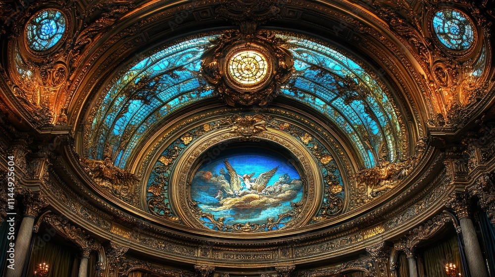 Fototapeta premium Ornate ceiling with intricate designs and artwork.
