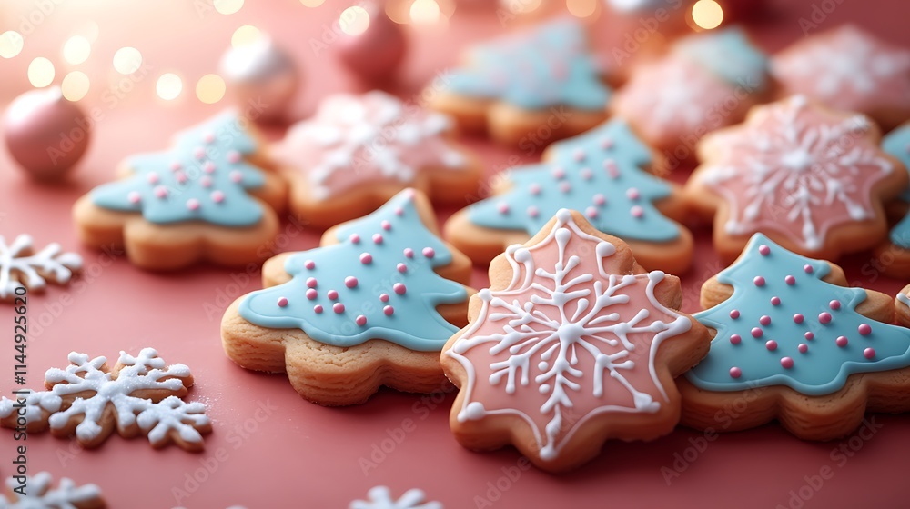 A display of holiday cookies with intricate snowflake and tree shapes against a red backdrop A display of holiday cookies with intricate snowflake and tree shapes against a red backdrop