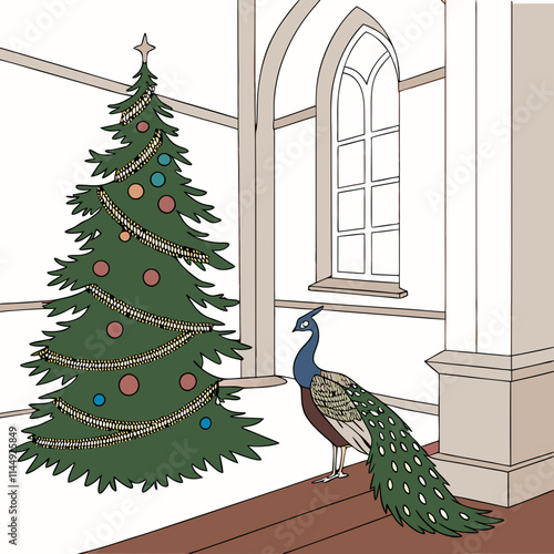 Christmas tree with a peacock vector design on a white background. photo