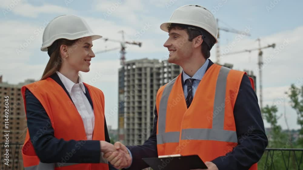 Engineers collaborate building strategy shaking hands at urban worksite closeup. Engineers collaborate building strategy shaking hands at urban worksite closeup.