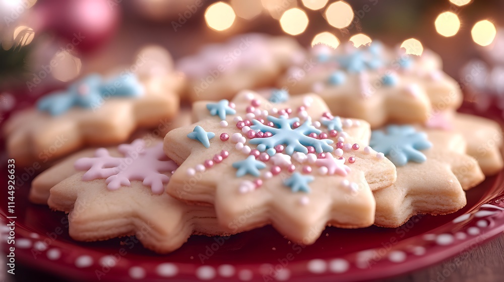 A festive collection of sugar cookies with holiday-themed sprinkles on a red plate A festive collection of sugar cookies with holiday-themed sprinkles on a red plate