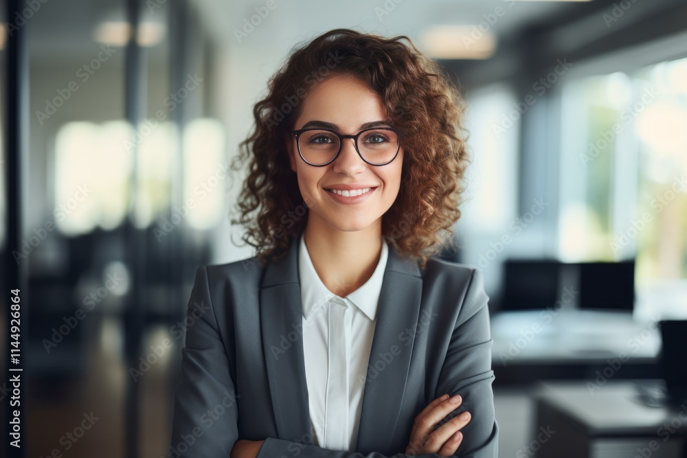 Portrait of smiling businesswoman wearing eyeglasses and posing with crossed arms in office Portrait of smiling businesswoman wearing eyeglasses and posing with crossed arms in office