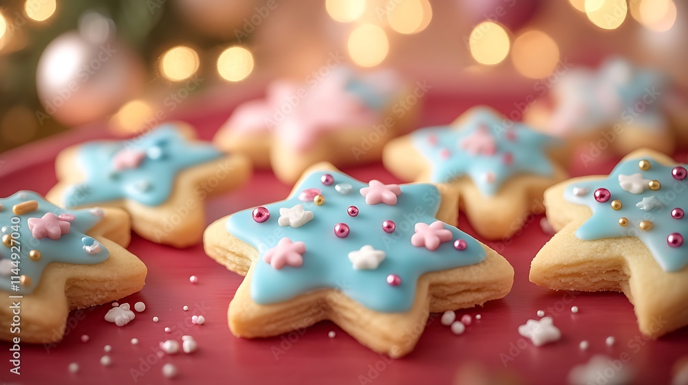 A plate of holiday cookies decorated with icing and colorful sprinkles displayed on a red surface A plate of holiday cookies decorated with icing and colorful sprinkles displayed on a red surface