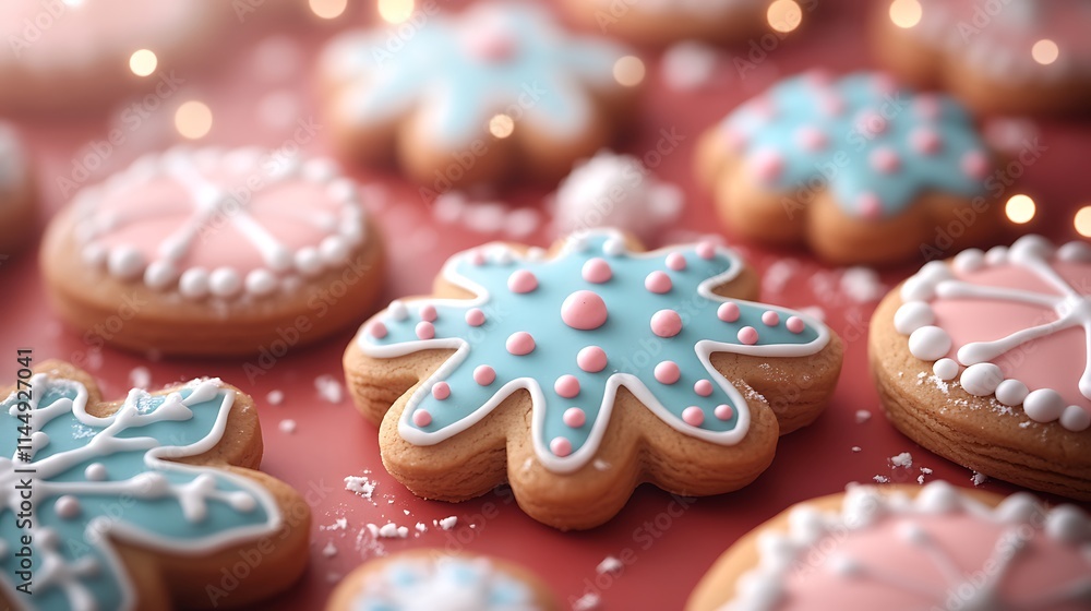 A collection of festive gingerbread cookies with royal icing on a red background A collection of festive gingerbread cookies with royal icing on a red background