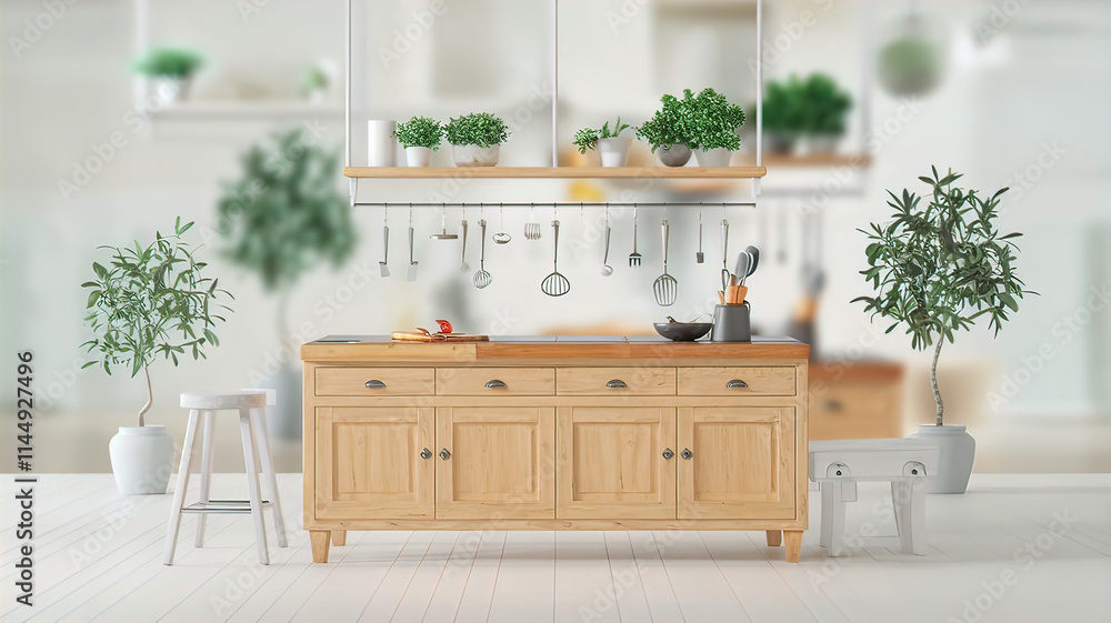 Fototapeta premium Minimalist wooden kitchen island with cutting board and copy space in minimalist scandinavian kitchen. 3d render,