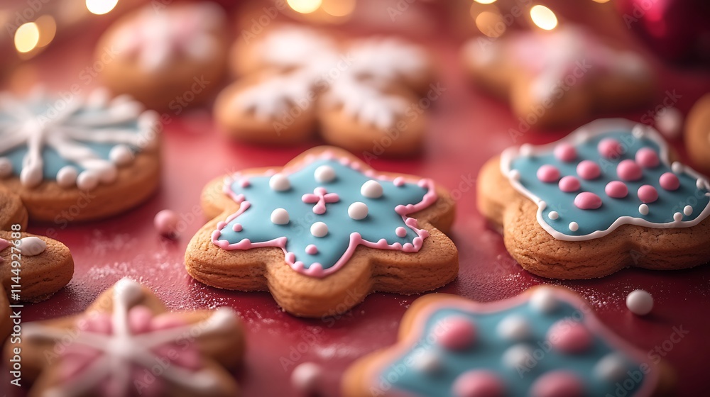 A variety of gingerbread cookies with festive icing and sprinkles on a red surface A variety of gingerbread cookies with festive icing and sprinkles on a red surface