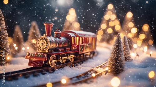 Snowy Christmas Scene with Miniature Locomotive - Made with Generative AI photo