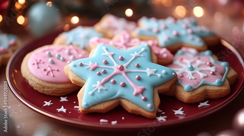 A plate of decorated holiday cookies shaped like snowflakes and stars with colorful icing on a red backdrop photo