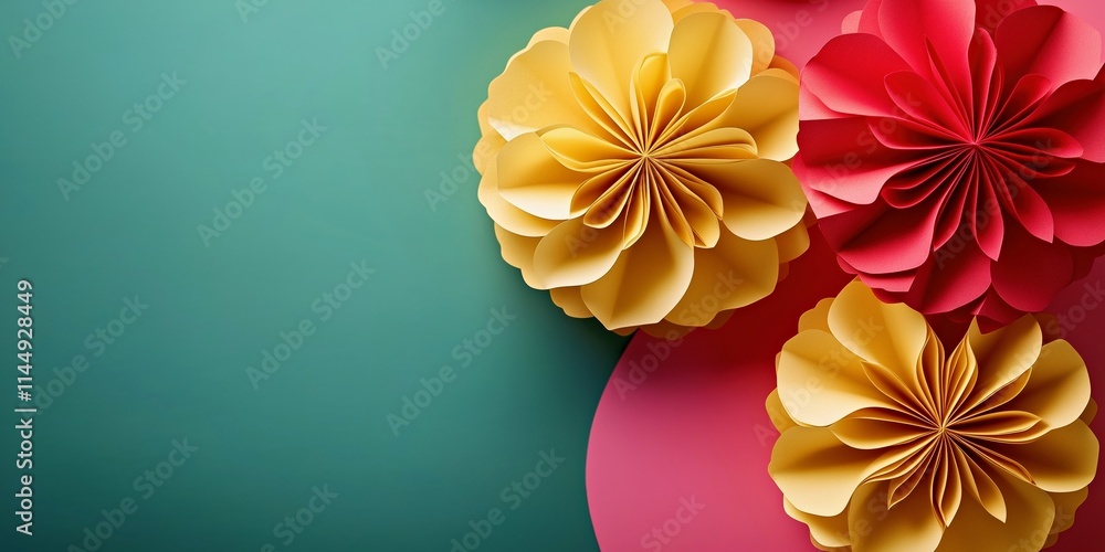 Naklejka premium Vibrant paper craft flowers in yellow and red on a colorful teal and pink background