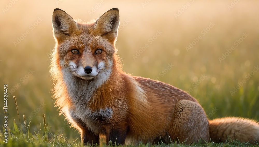 Fototapeta premium A stunning fox resting in the middle of a glowing meadow at sunset, surrounded by warm golden hues and a tranquil rural landscape
