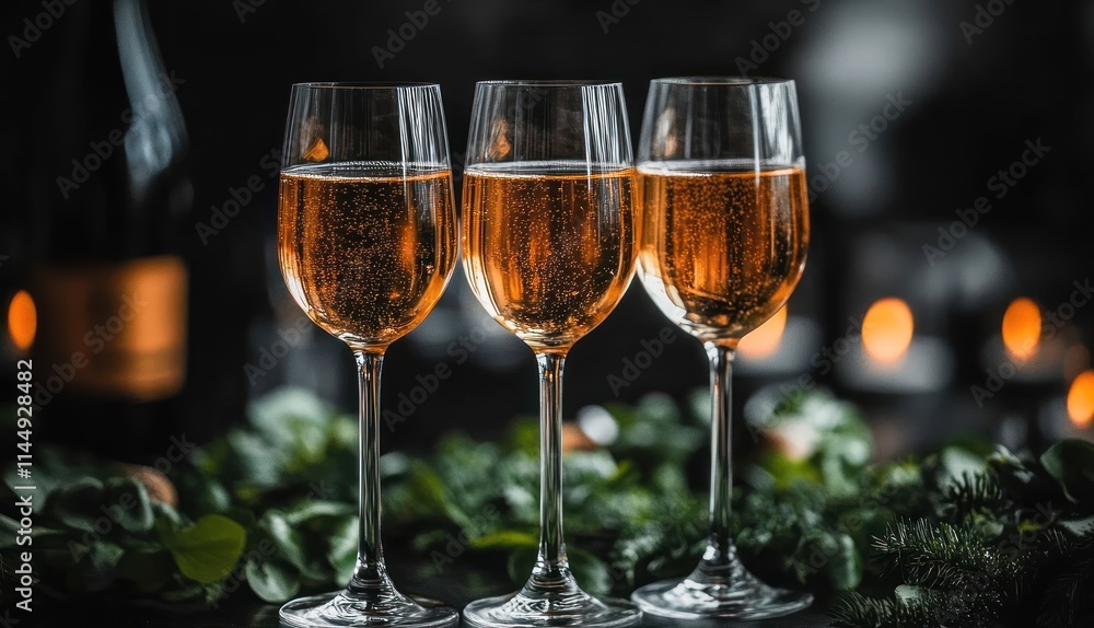 Fototapeta premium Three champagne glasses with candles and greenery.