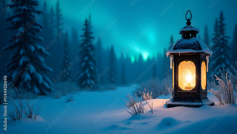 Serene Snow-Covered Forest at Midnight with Full Moon and Aurora Borealis Serene Snow-Covered Forest at Midnight with Full Moon and Aurora Borealis