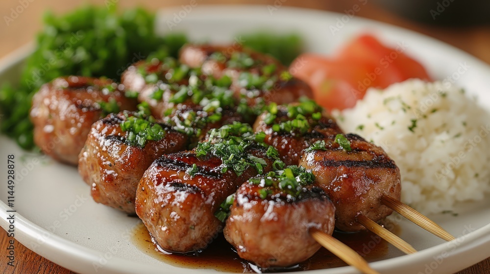 Grilled meat skewers with rice and vegetables. Grilled meat skewers with rice and vegetables.